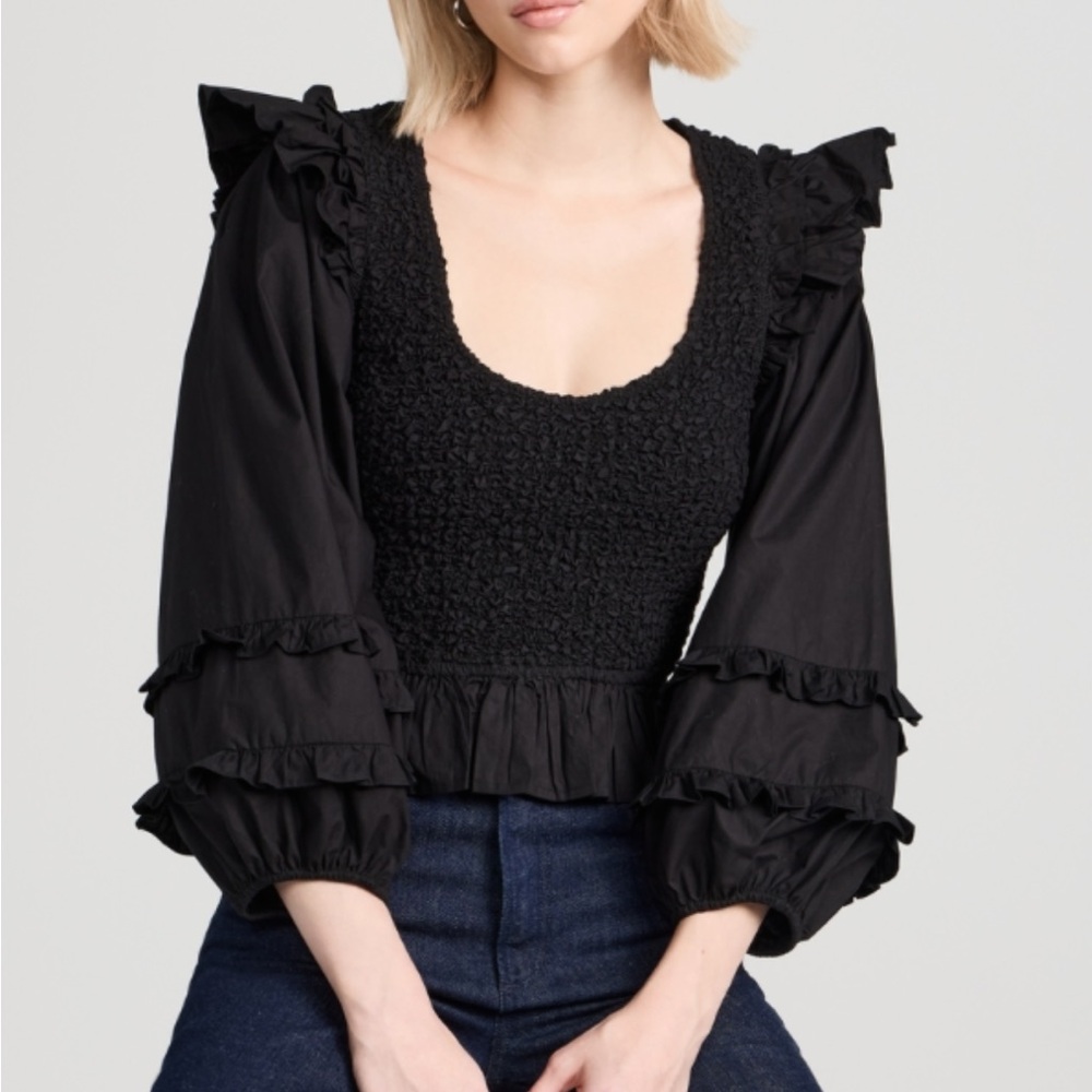 Cleobella Black Smocked Peplum Ruffle-Sleeve Blouse